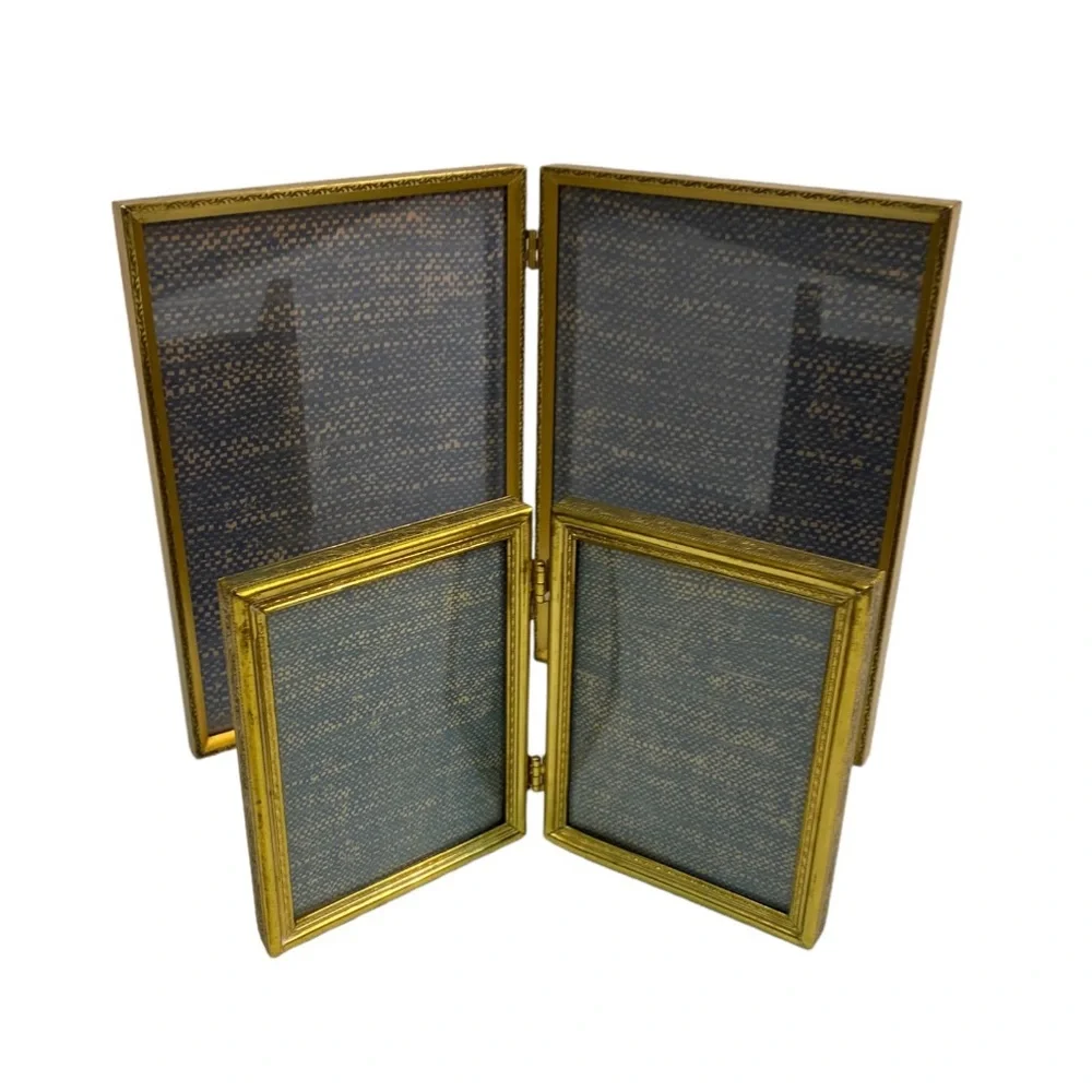 Lot (2) Vintage Photo Frame Bi-Fold Gold Brass 3x4 & 5x7 Hinged Cottagecore